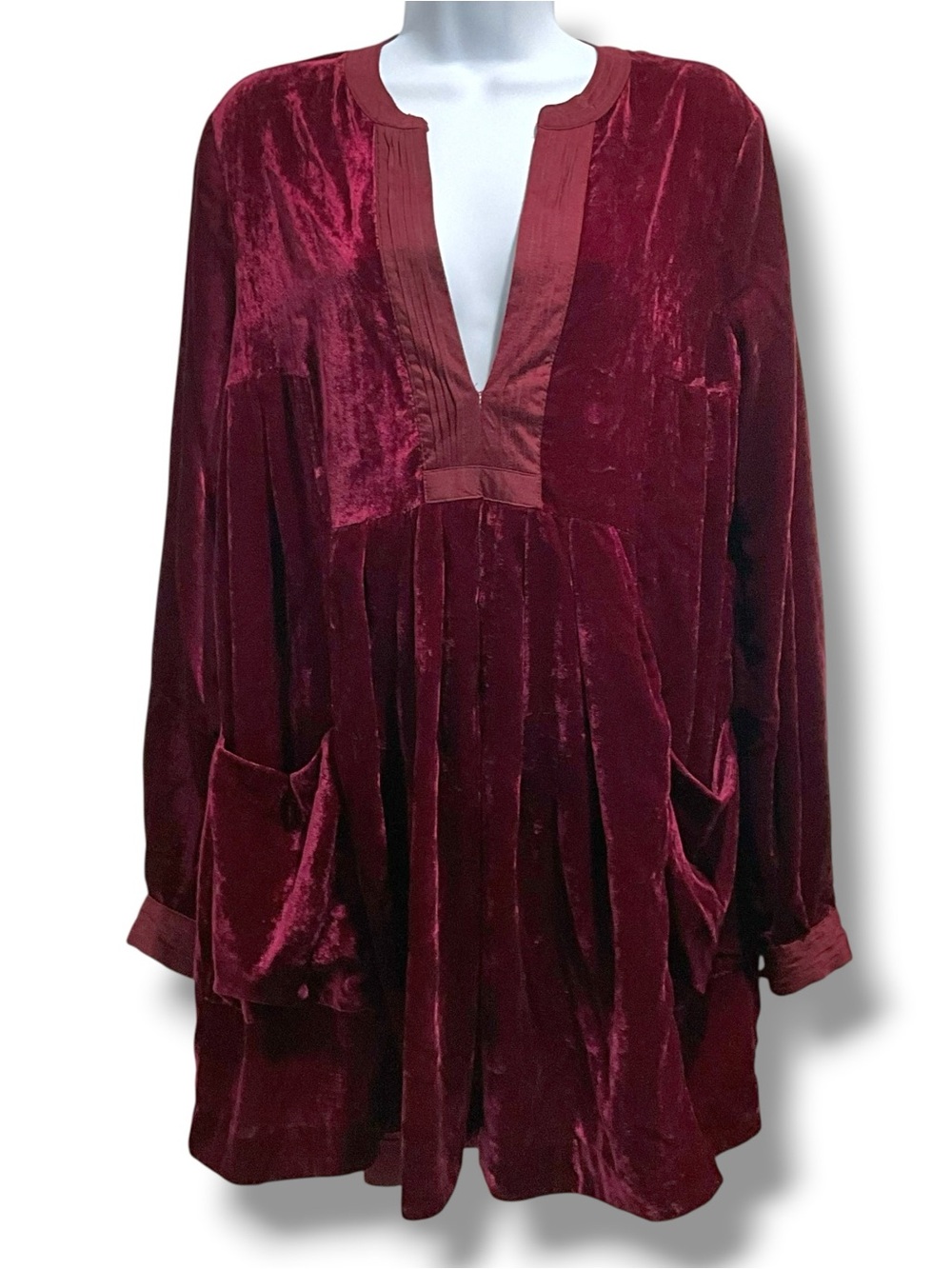 Free People Dark Red Velvet Peasant Tunic Top Long Sleeve V-Neck Size Small